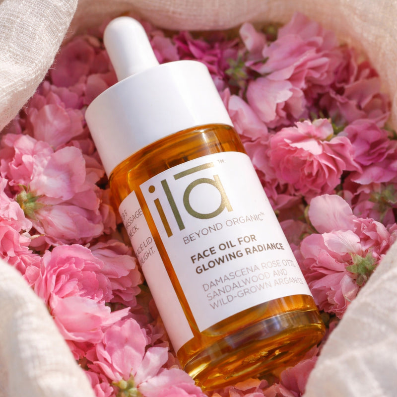 Fresh rose petals representing a key organic ingredient in ila Skin products